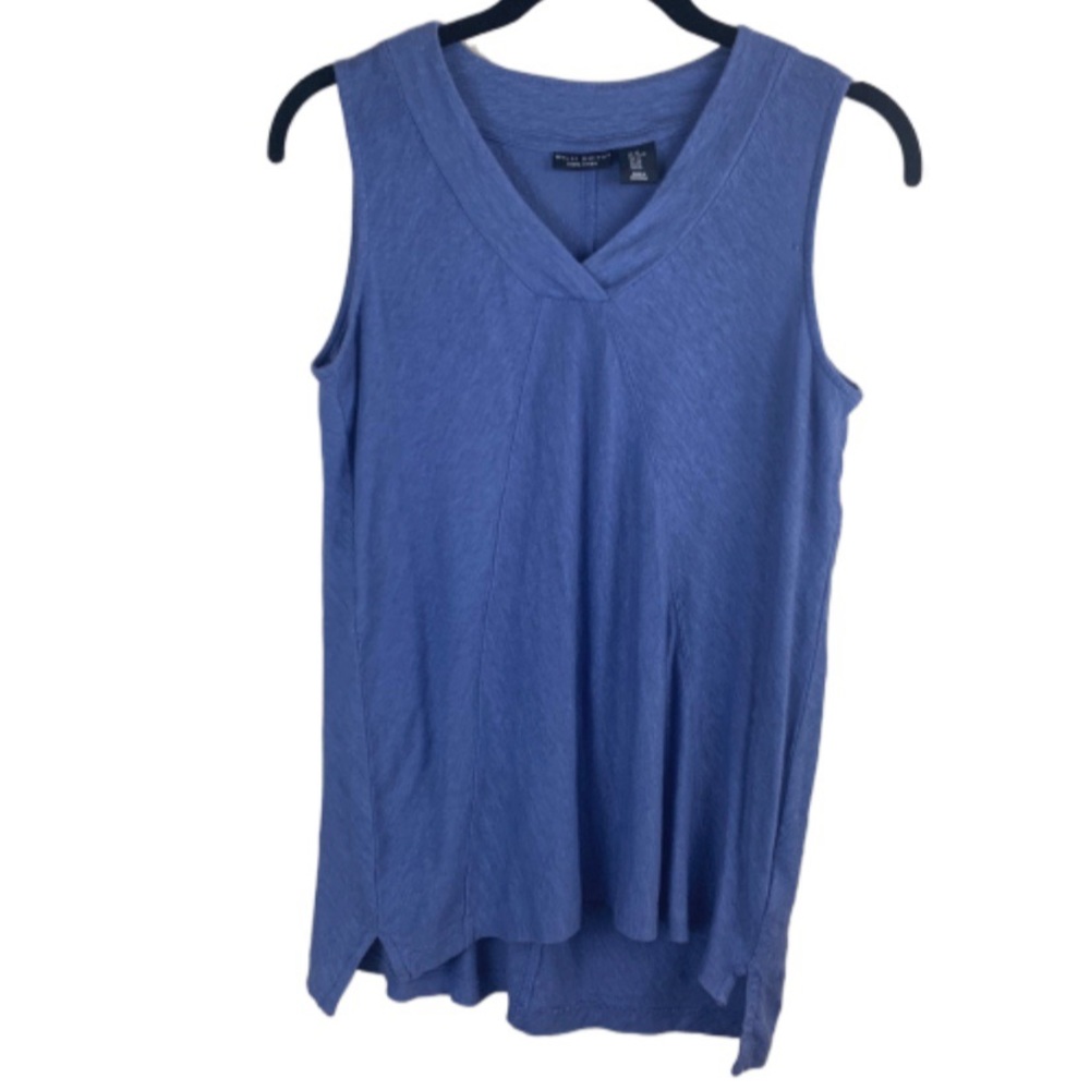 linen asymmetrical hem blue sleeveless v neck tank